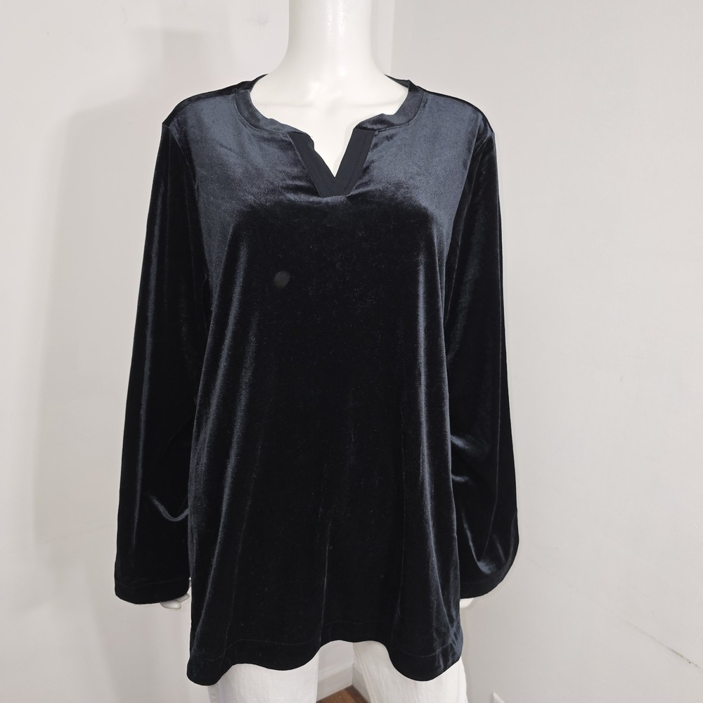 Logo Lori Goldstein Knit Velvet Split Neck Tunic Top Black Long Sleeve Size XL